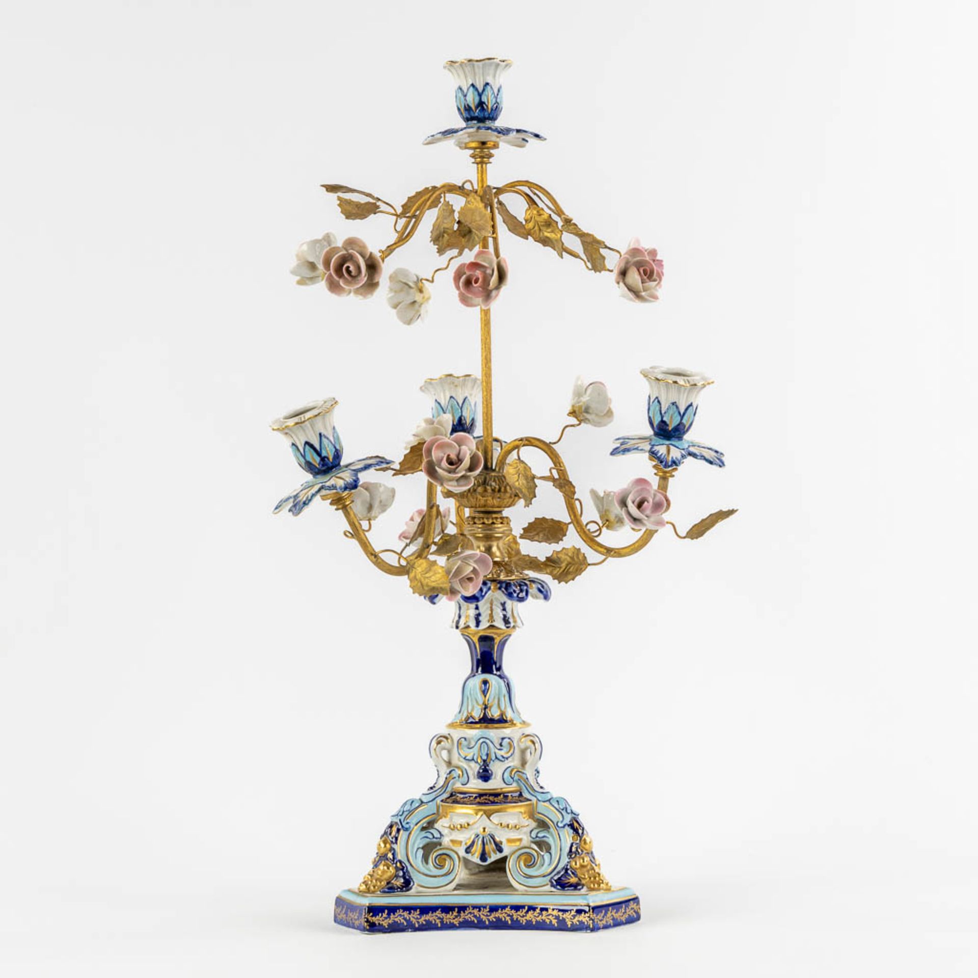 A candelabra, gilt brass and polychrome porcelain with flowers. Sèvres marks. (H:51 x D:24 cm) - Image 5 of 10