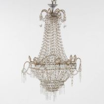 An antique, square, Sac-à-Perles' chandelier, metal mounted with glass. Circa 1920. (L:52 x W:52 x H