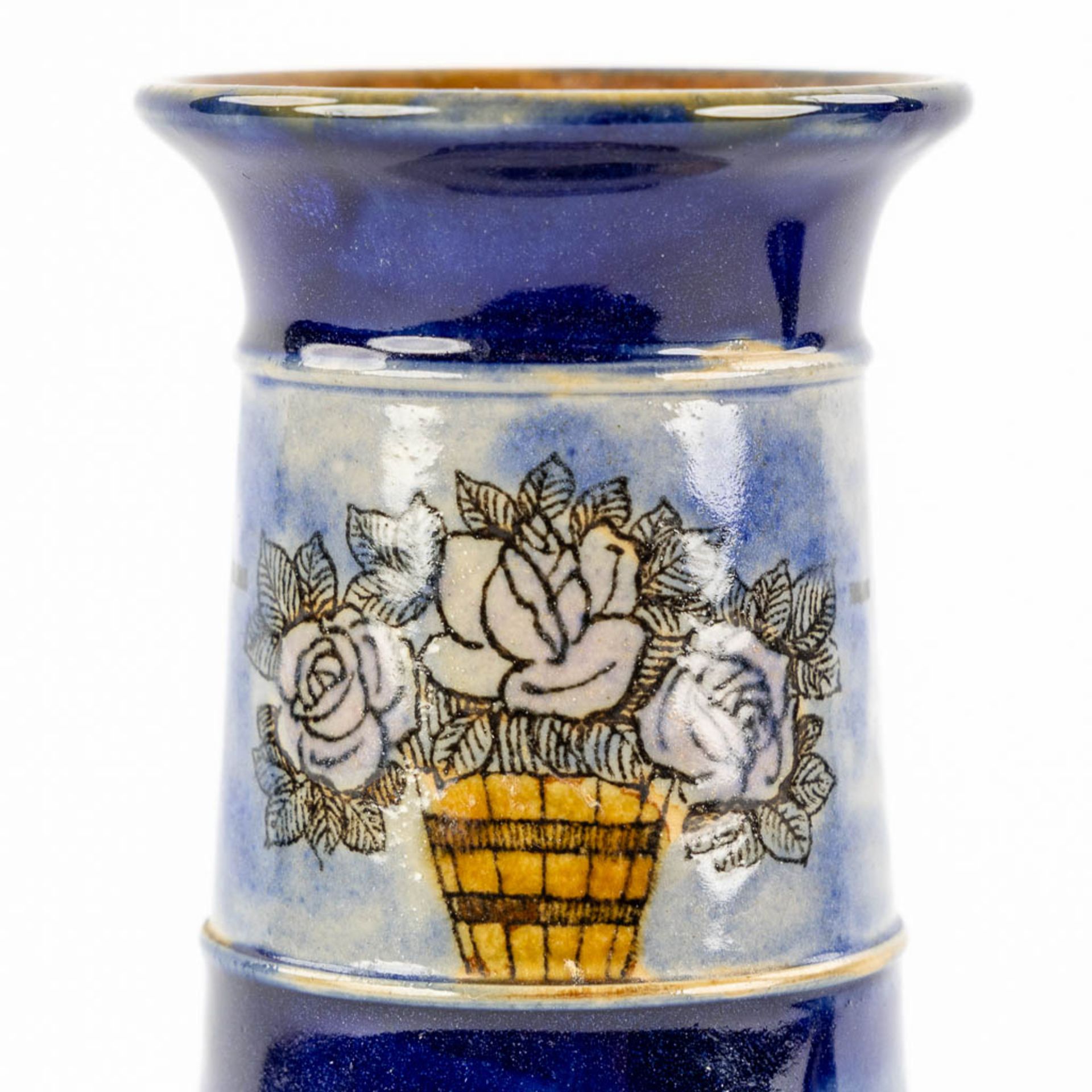 Royal Doulton, a pair of blue-glaze stoneware vases, Art Nouveau. (H:18 x D:10 cm) - Image 10 of 10