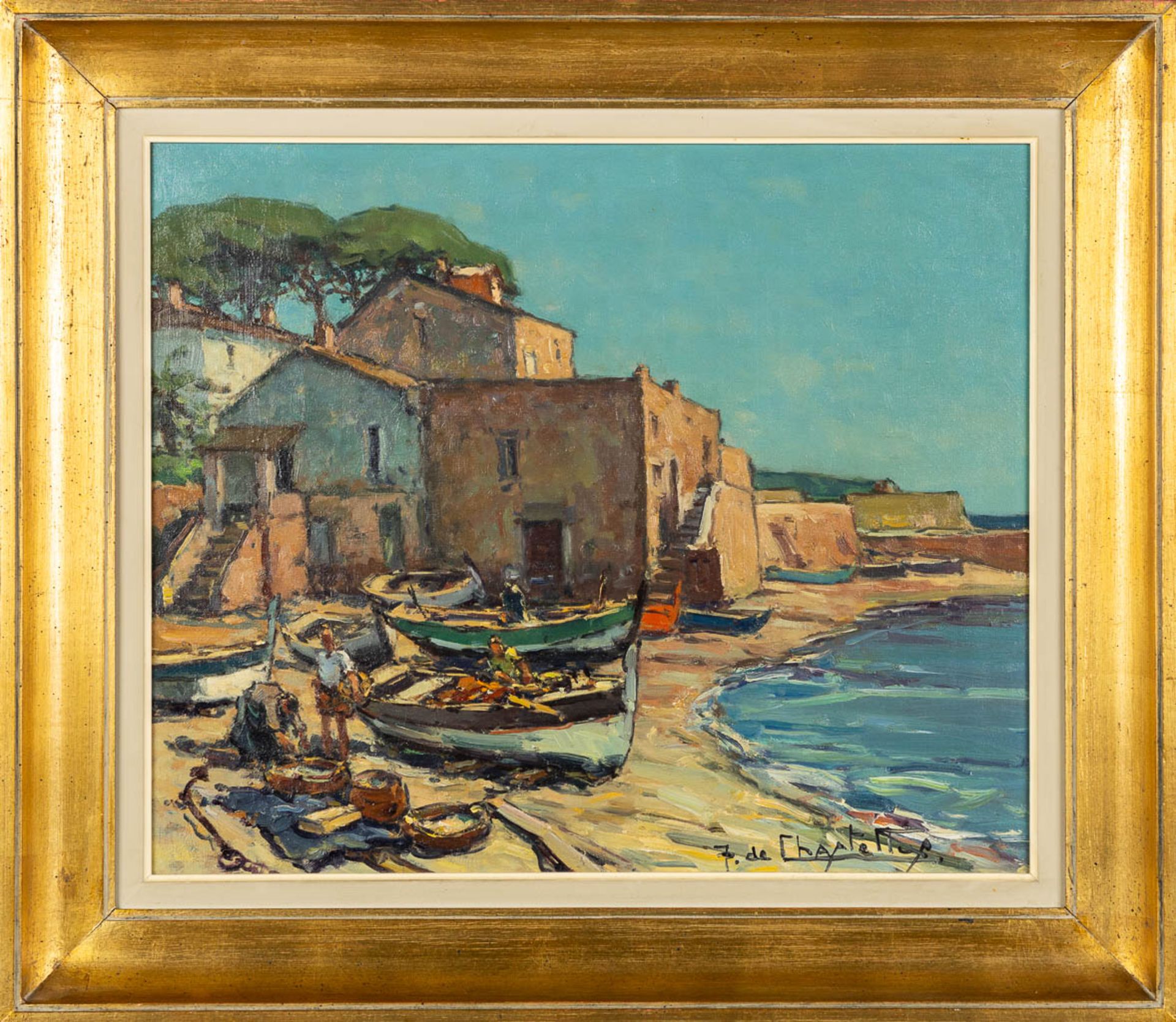 Jacques DE CHASTELLUS (1894-1957) 'Fishingboats on the beach' oil on canvas. (W:60 x H:50 cm) - Image 3 of 6