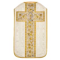 A Roman Chasuble, Thick gold thread brocade with floral decors and the Holy Grail.