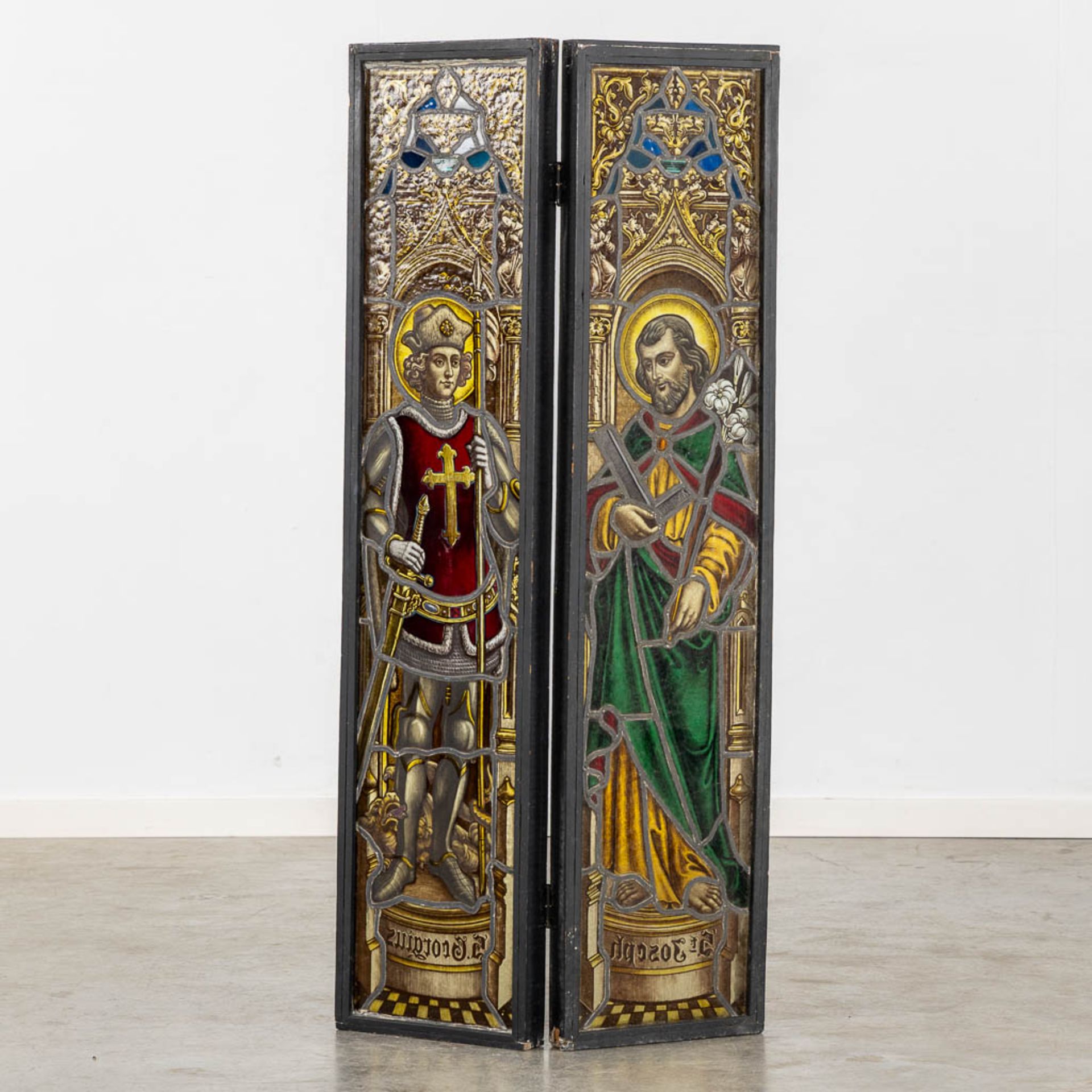 A pendant 'stained glass paintings', Saint Joseph and Gregory, in a wood frame. (W:136 x H:62 cm) - Bild 11 aus 13