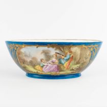 A large bowl, blue glaze with hand-painted decor, probably Limoges. (L:24 x W:39 x H:14 cm)