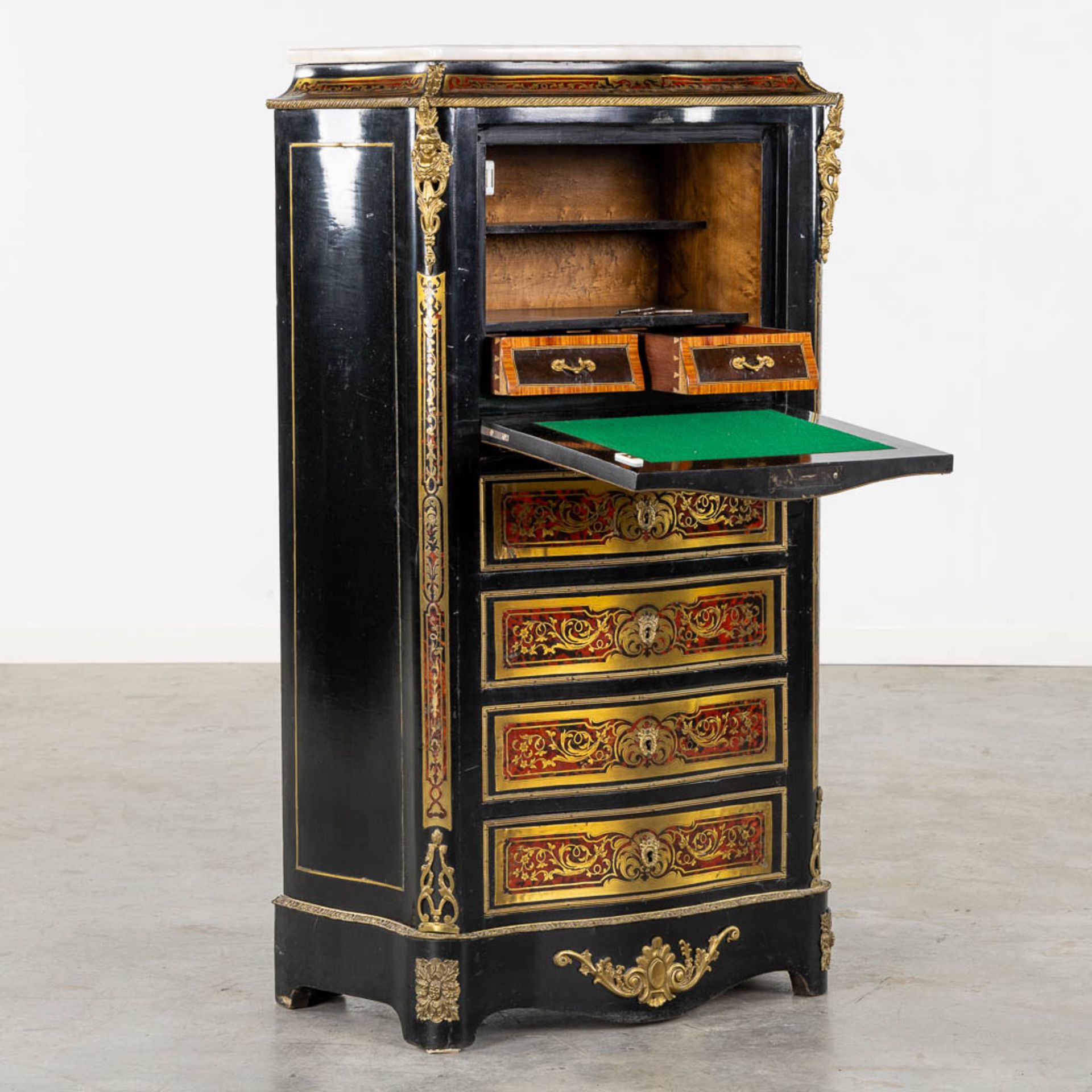 A Boulle inlay secretaire cabinet, Napoleon 3 period, 19th C. (L:36 x W:75 x H:122 cm) - Image 3 of 18