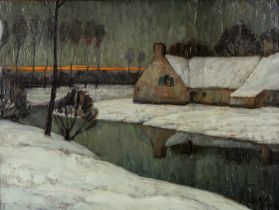 Evariste DE BUCK (1892-1974) 'Winter Landscape by the Lys' oil on canvas. (W:76 x H:58 cm)
