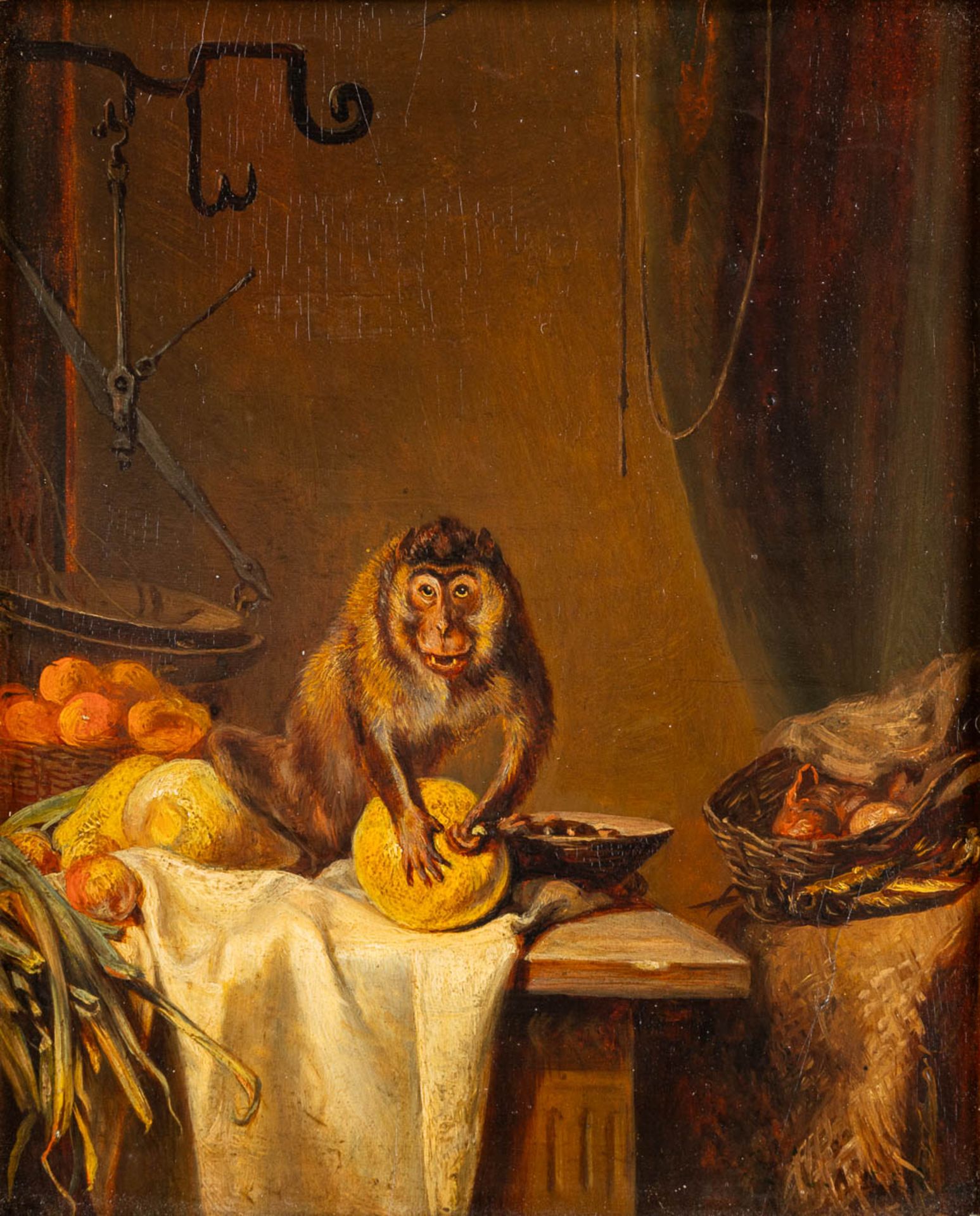 Monkey stealing a pumpkin, an antique painting, oil on panel. 19th C. (W:17 x H:22 cm)