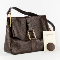 Delvaux Givry MM, a brown ostrich leather shoulder bag. (W:33 x H:28 cm)