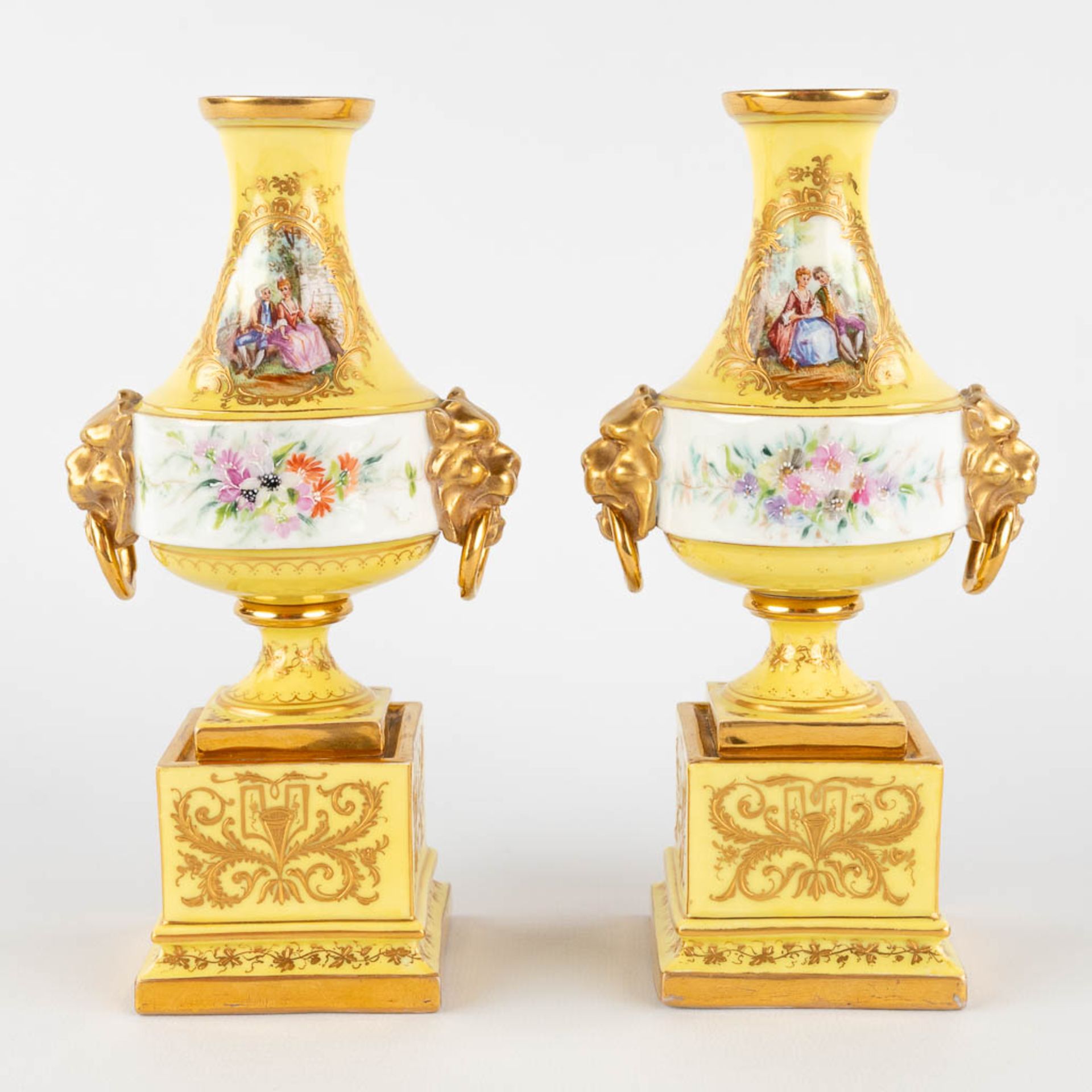 A pair of antique, hand-painted porcelain vases, yellow glaze and flower with lion's heads decor. (L - Image 3 of 16