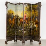 A 4-piece room divider with a painted hunting scène. (W:226 x H:190 cm)