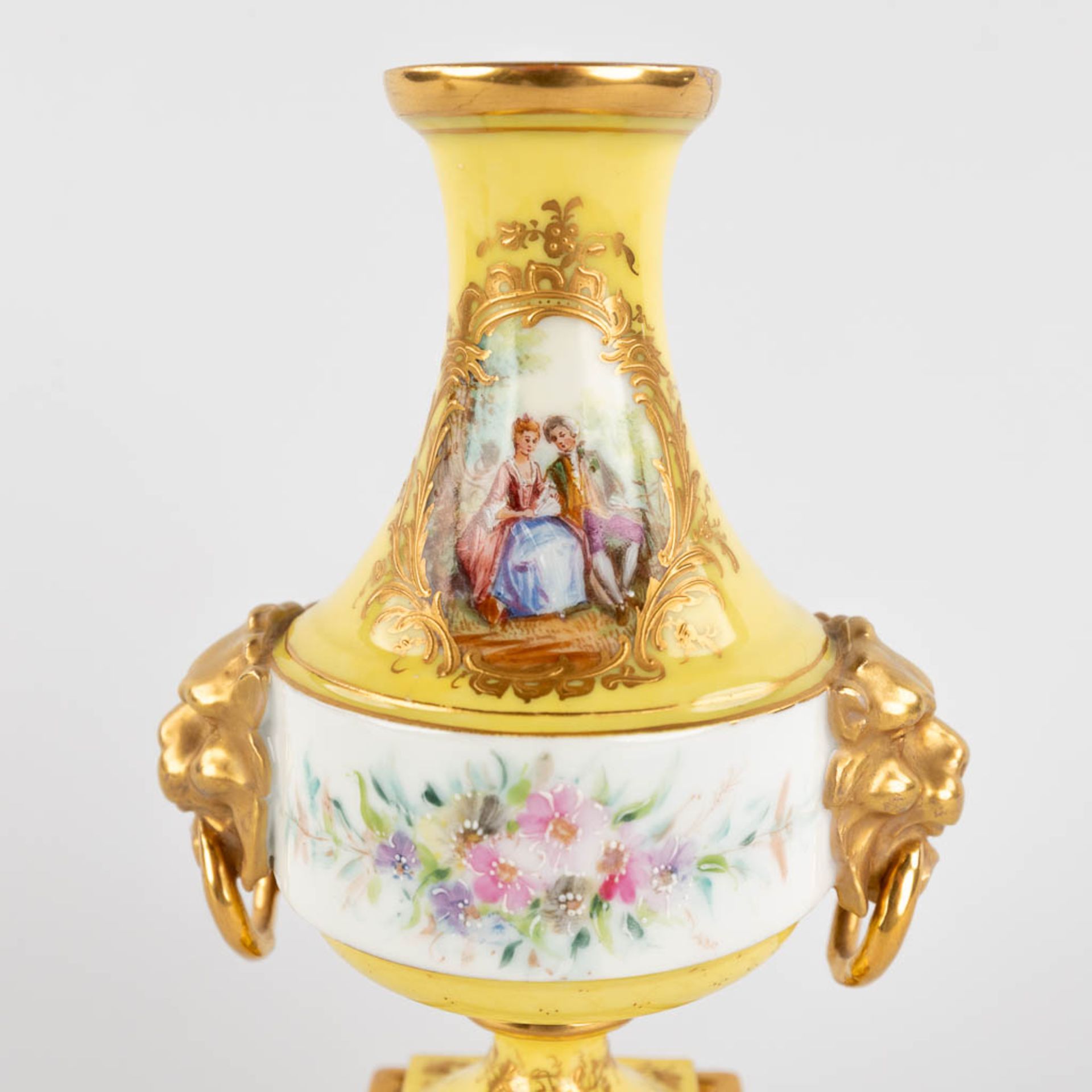 A pair of antique, hand-painted porcelain vases, yellow glaze and flower with lion's heads decor. (L - Image 14 of 16