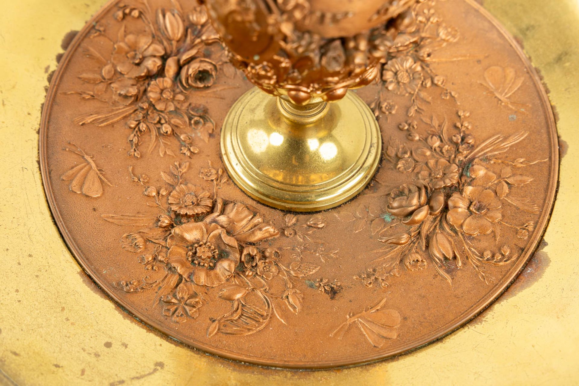 A table centrepiece, brass and copper patinated spelter, decorated with fauna and flora. 19th C. (H: - Image 9 of 12