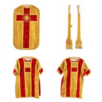 Two Dalmatics and a Roman Chasuble, gold thread embroideries with a Christogram