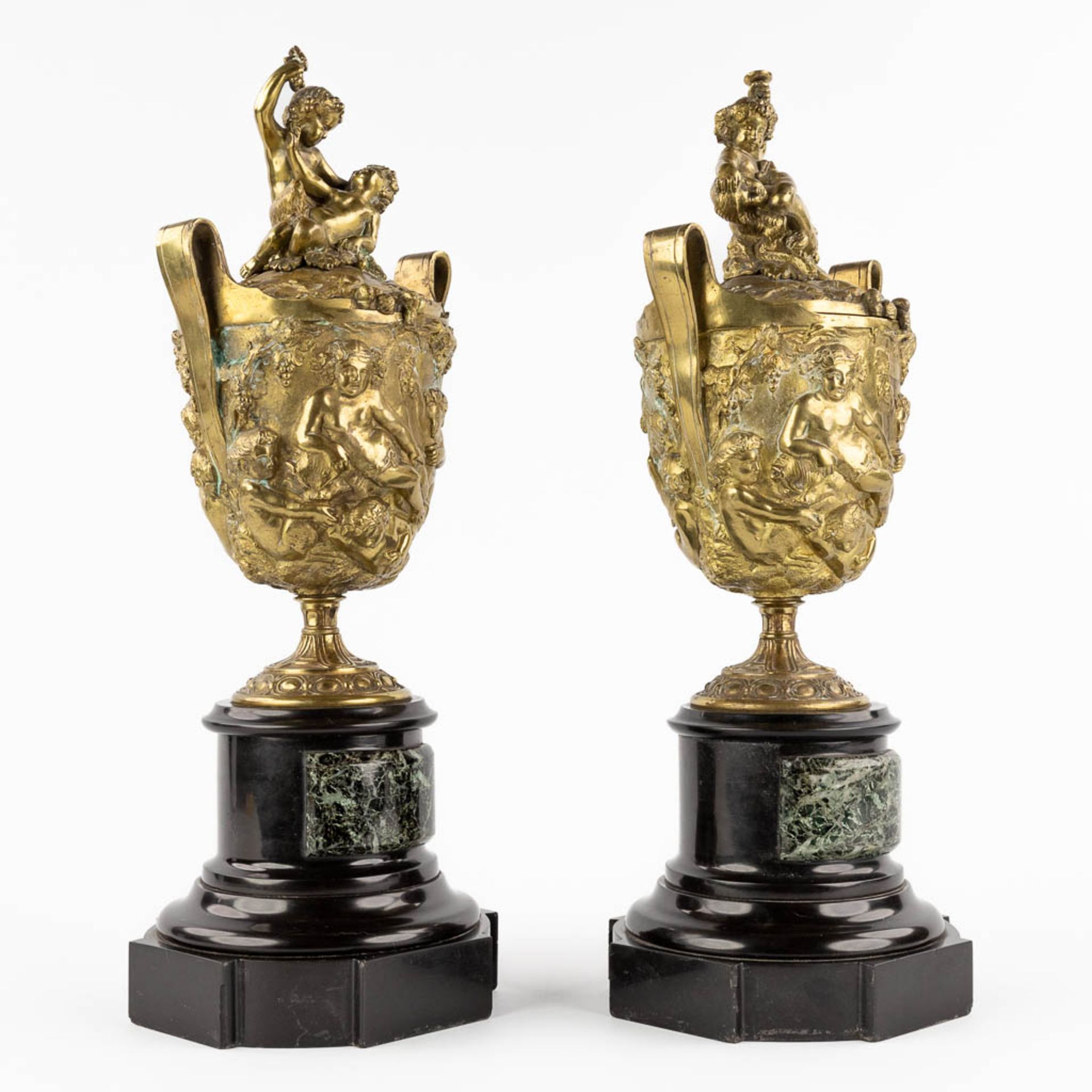 A pair of cassolettes, bronze on marble decorated with putti and Bacchus. Circa 1900. (L:16 x W:16 x - Image 3 of 13