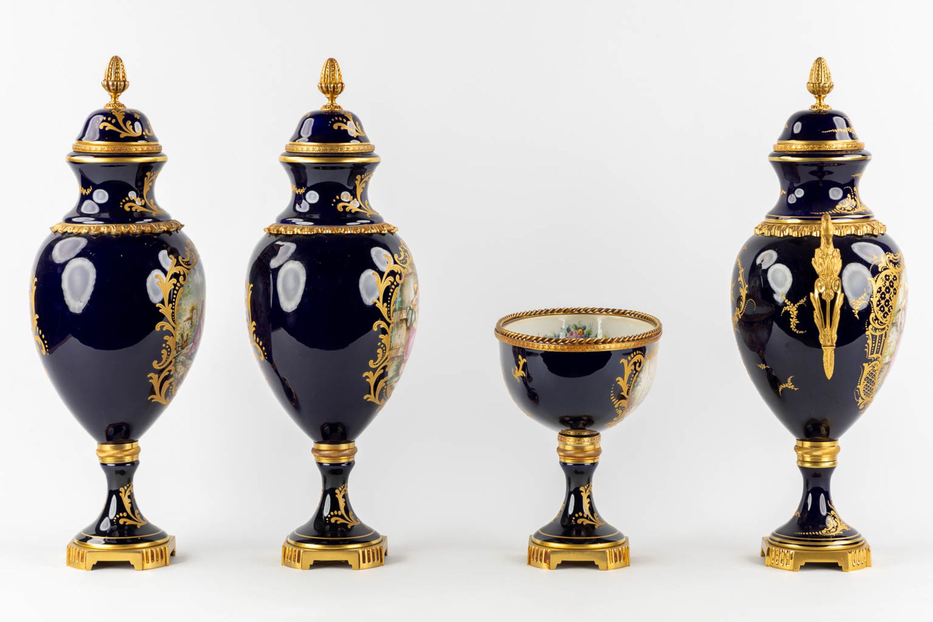 Limoges, three vases and a bowl, hand-painted porcelain mounted with bronze. 20th C. (H:51 x D:17 cm - Image 4 of 19
