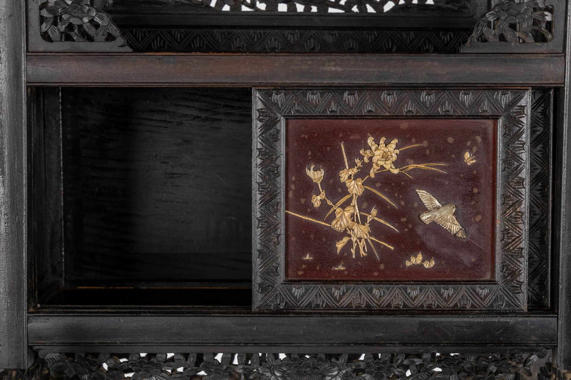 A Japanese Shibayama show cabinet, sculptured wood and inlay decorated with Fauna and Flora. (L:36 x - Image 7 of 17