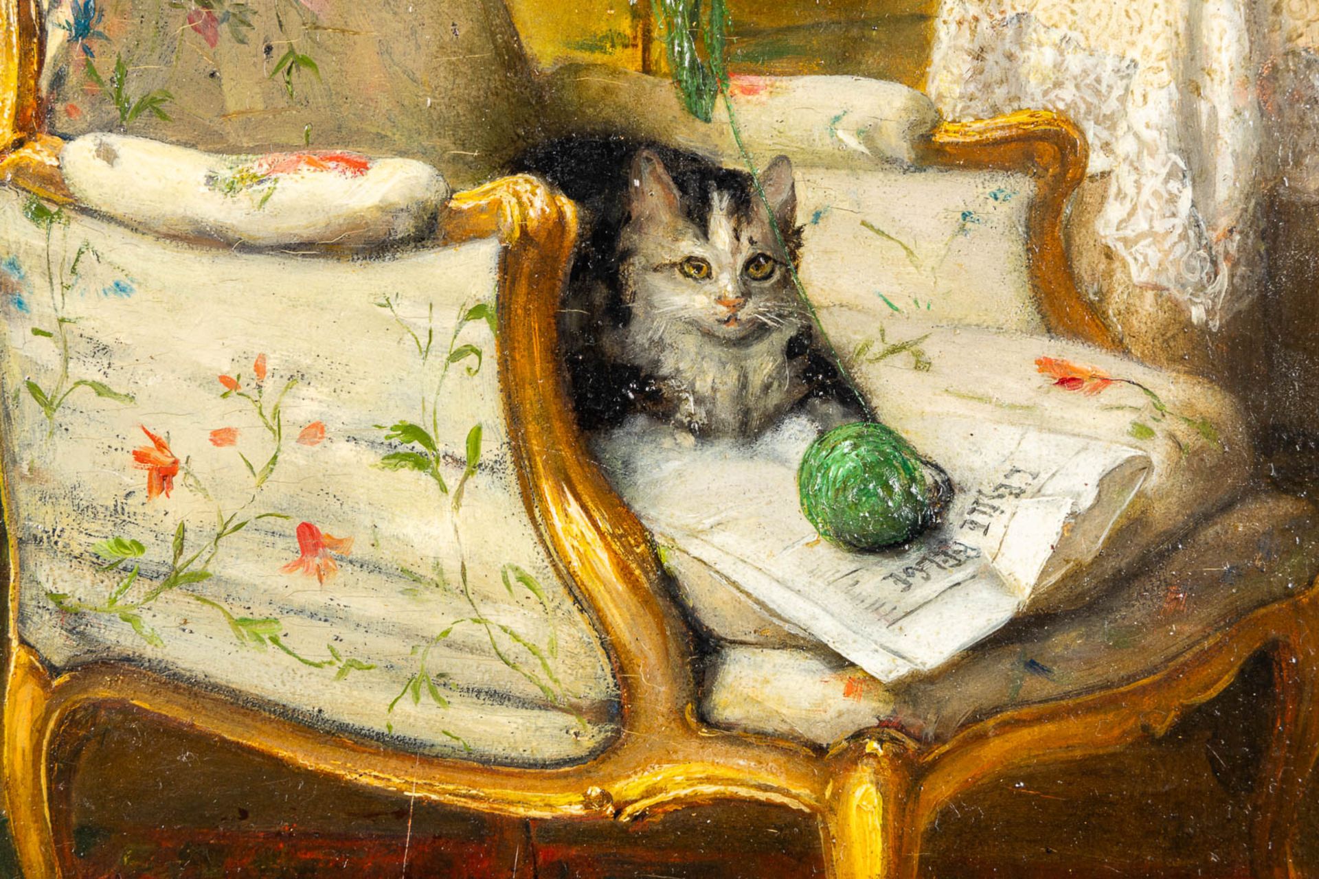 Auguste SERRURE (1825-1903) 'Bergère with a Cat' oil on panel. 19th C. (W:29 x H:43 cm) - Image 6 of 8