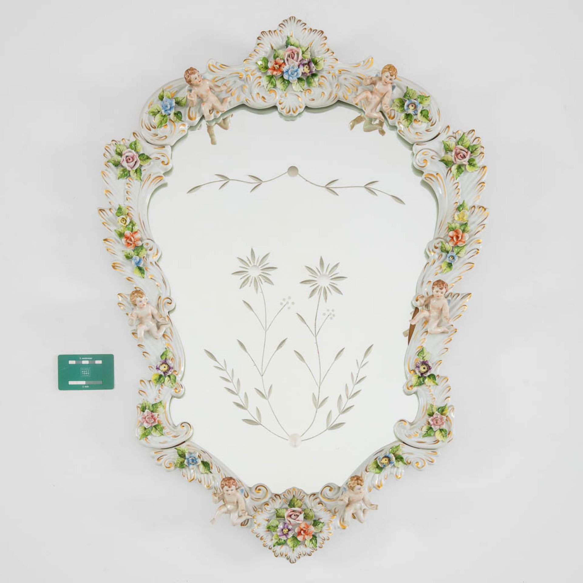 A polychrome porcelain mirror, probably Germany or Italy. (W:58 x H:81 cm) - Image 2 of 8