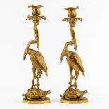 A pair of candelabra, gilt bronze decorated with a heron, tortoise and fish, circa 1900. (H:37 x D:1