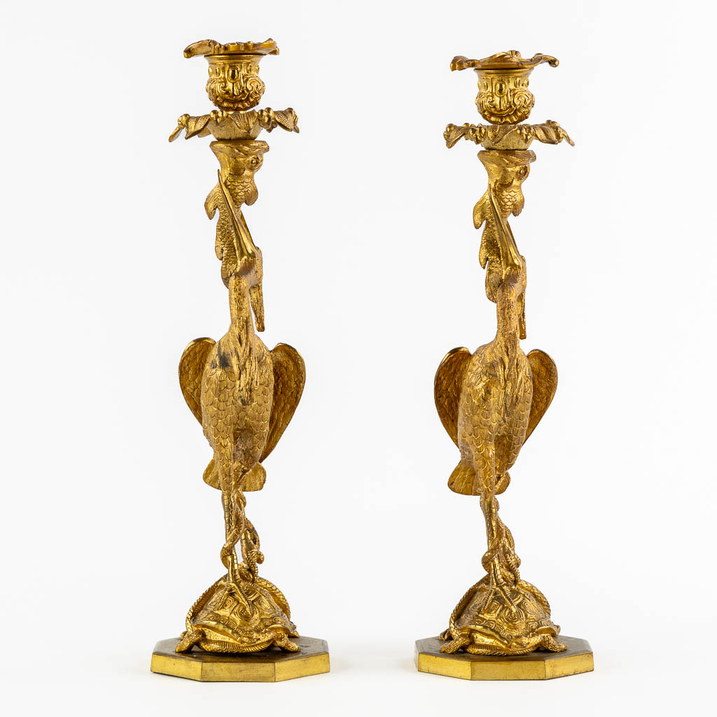 A pair of candelabra, gilt bronze decorated with a heron, tortoise and fish, circa 1900. (H:37 x D:1 - Image 4 of 12