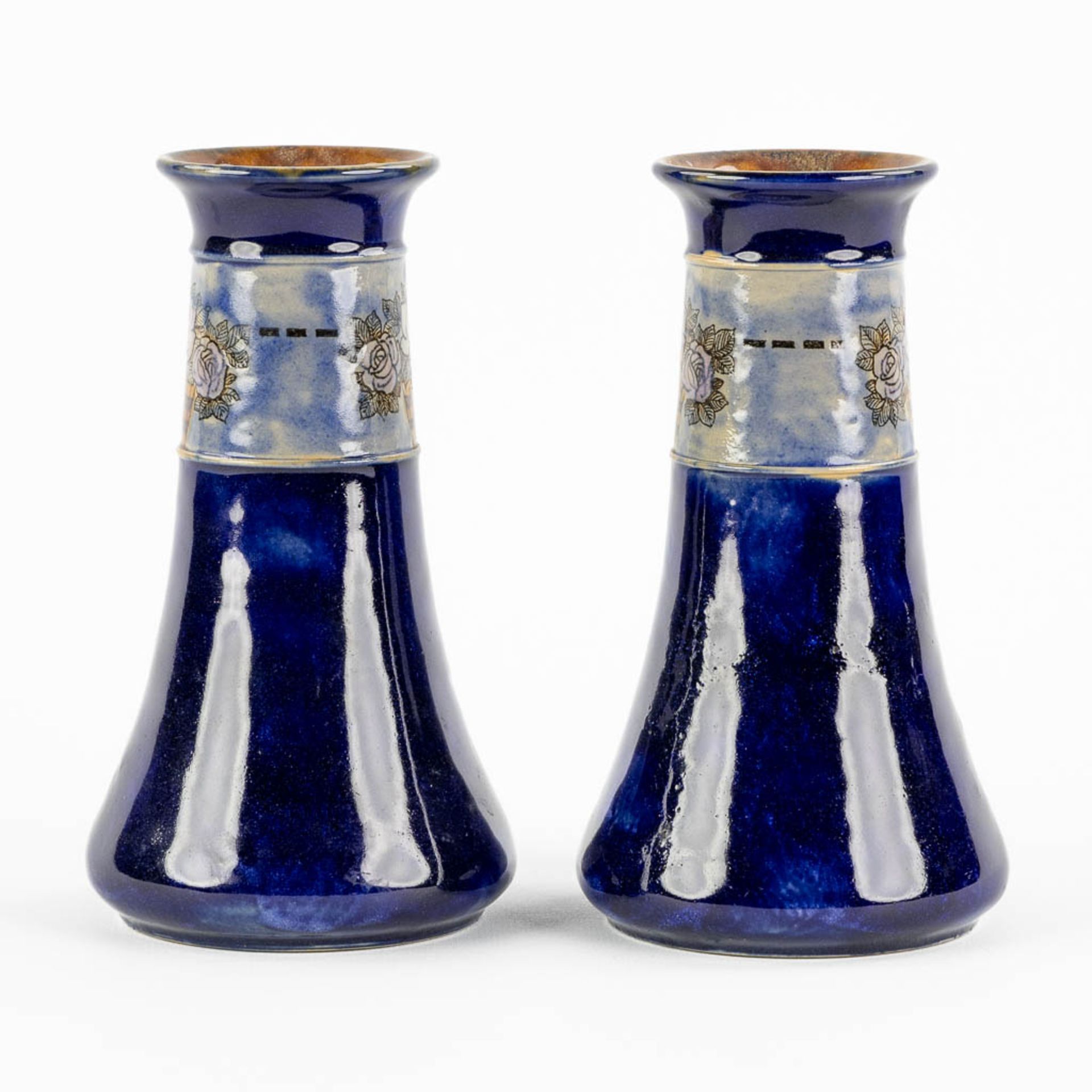 Royal Doulton, a pair of blue-glaze stoneware vases, Art Nouveau. (H:18 x D:10 cm) - Image 6 of 10