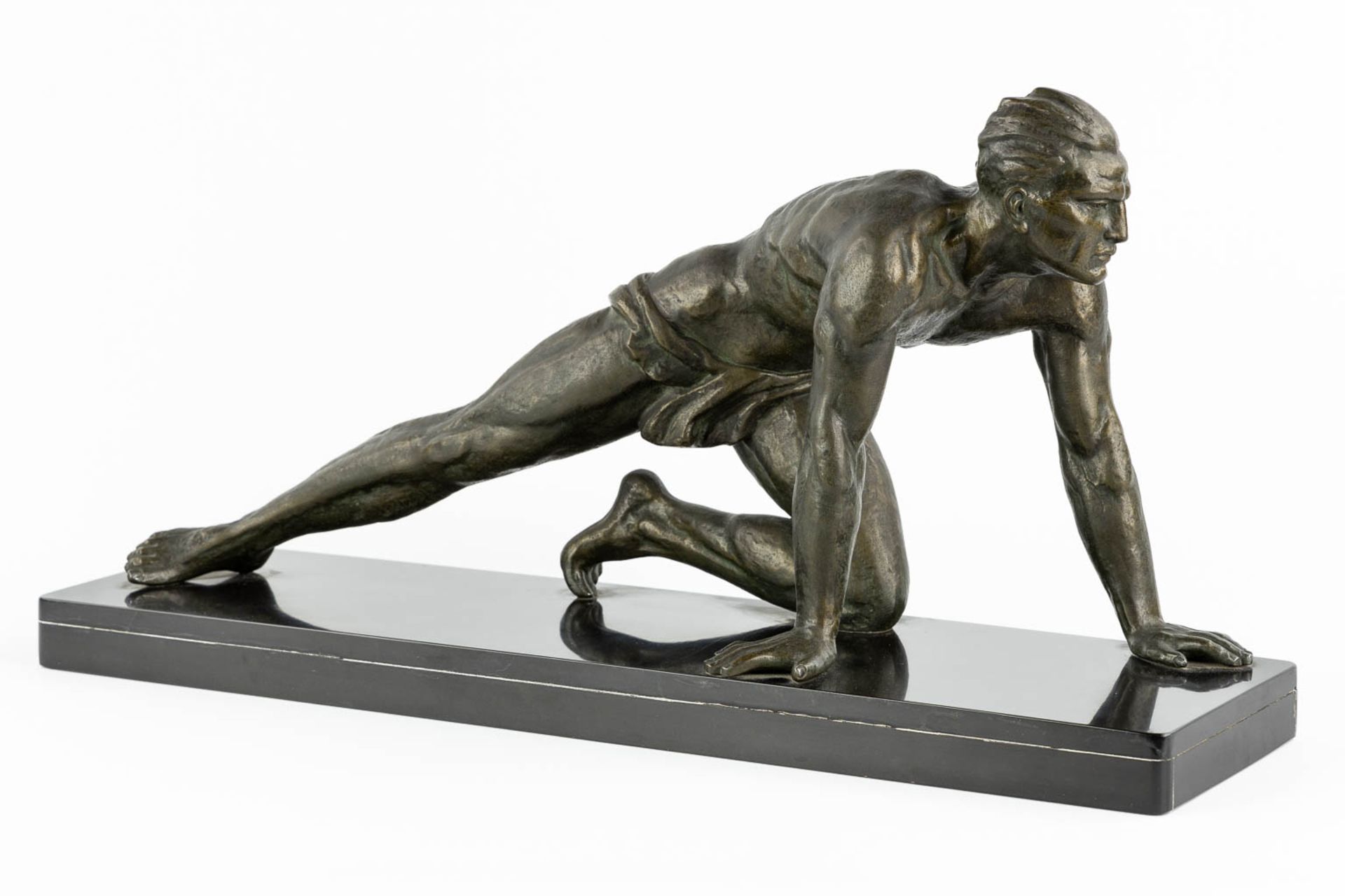Jean DE RONCOURT (XIX-XX)(attr.) 'The Athlete' patinated spelter. (L:17 x W:60 x H:31 cm) - Image 3 of 12