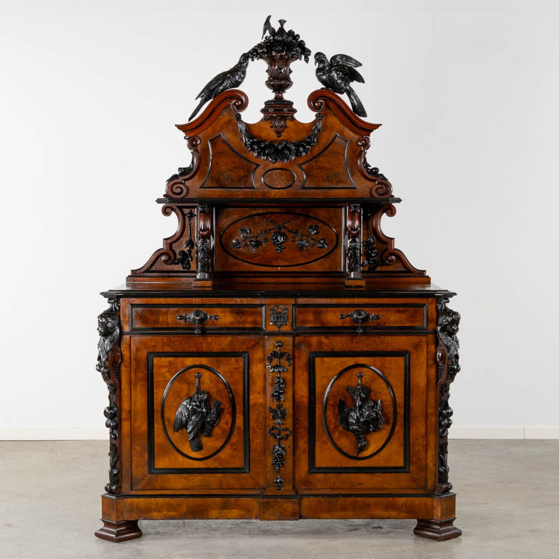 An impressive 'Saint Hubert' hunting cabinet with fine wood sculptures, dated 1871. (L:63 x W:143 x - Image 4 of 15