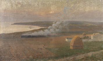 Ernest CHEVALIER (1862-1917) 'Steam Train in a landscape' oil on canvas. 1895. (W:160 x H:98 cm)