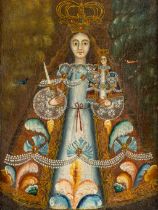 A devotional painting 'Cusquena' or 'Madonna with infant Jesus', school of Cusco. 17th/18th C. (W:30