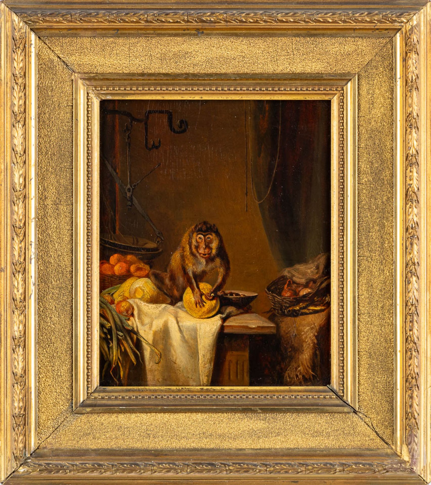 Monkey stealing a pumpkin, an antique painting, oil on panel. 19th C. (W:17 x H:22 cm) - Image 3 of 8