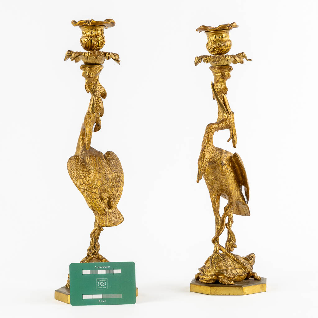 A pair of candelabra, gilt bronze decorated with a heron, tortoise and fish, circa 1900. (H:37 x D:1 - Image 2 of 12