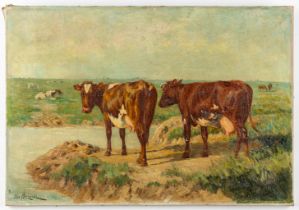 Géo BERNIER (1862-1918) 'Two Cows' oil on canvas. (W:75 x H:52 cm)