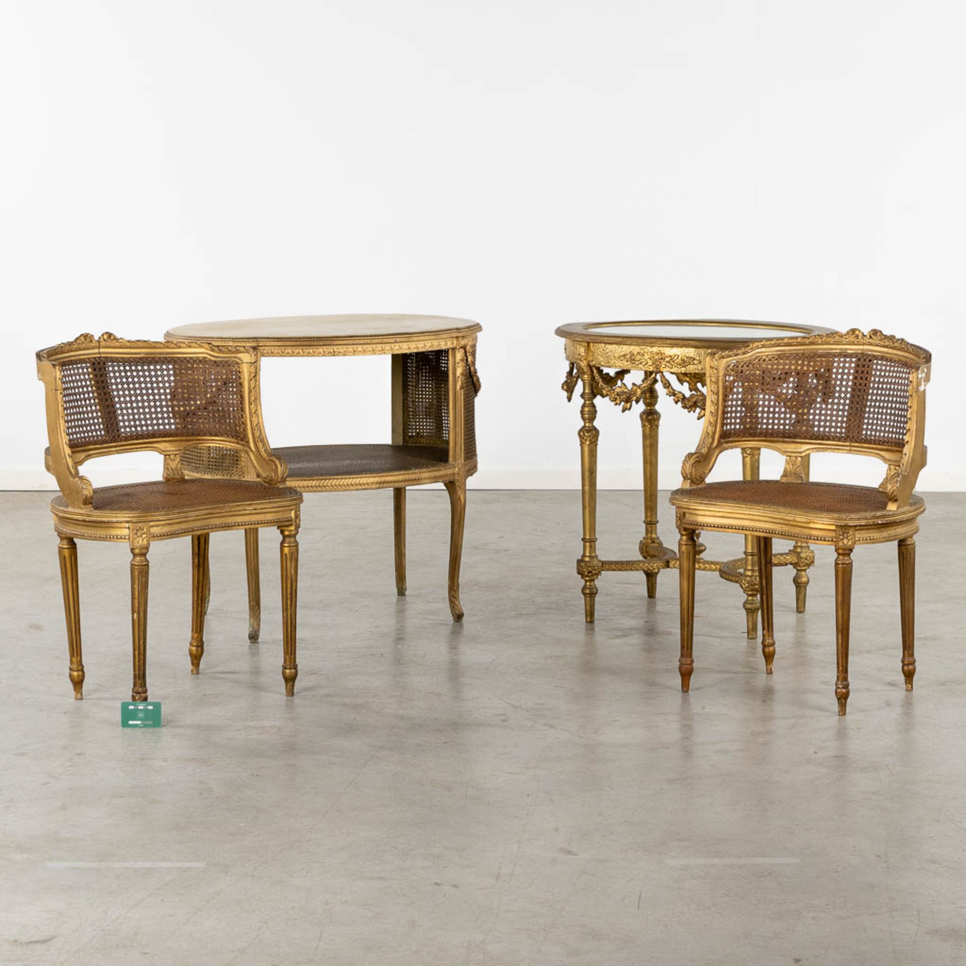 Two side tables, Two chairs, sculptured wood in Louis XVI style. Circa 1900. (L:57 x W:81 x H:75 cm) - Bild 2 aus 18