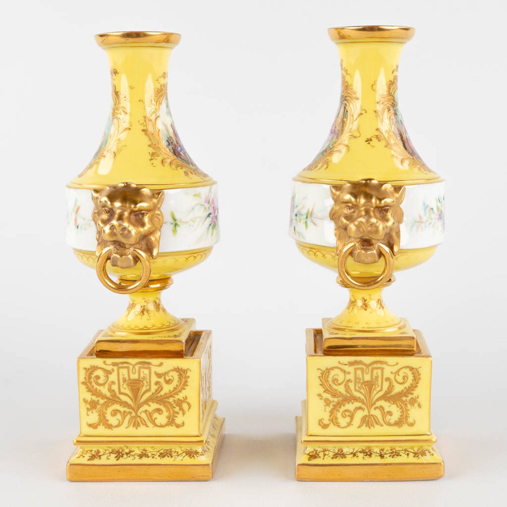 A pair of antique, hand-painted porcelain vases, yellow glaze and flower with lion's heads decor. (L - Image 4 of 16