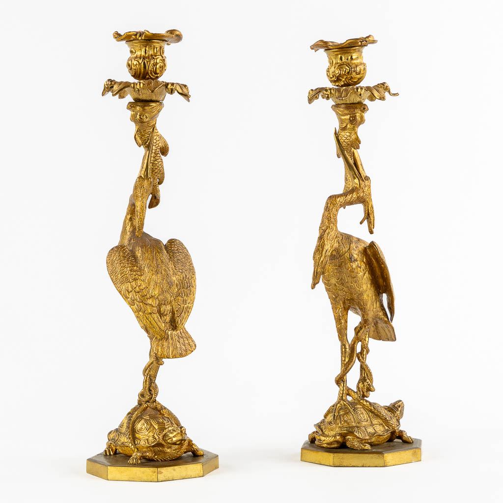 A pair of candelabra, gilt bronze decorated with a heron, tortoise and fish, circa 1900. (H:37 x D:1 - Image 3 of 12