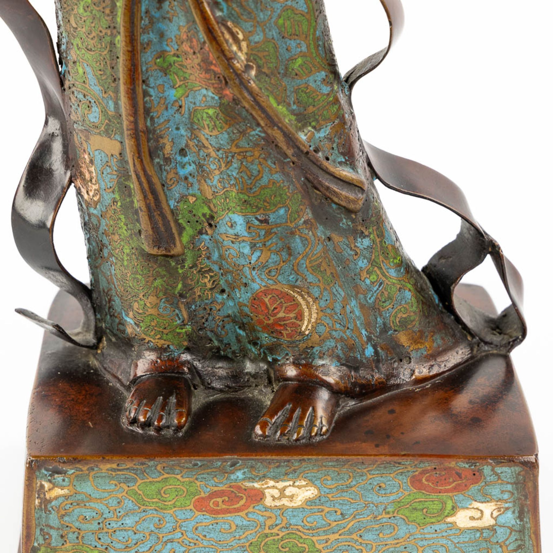 An Oriental figurine of an Angel with a flute, Champslevé bronze. (L:15 x W:35 x H:53 cm) - Image 10 of 14