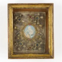 An antique frame with an image of Joseph with child, cabochons and decorations. 19th C. (W:21 x H:25