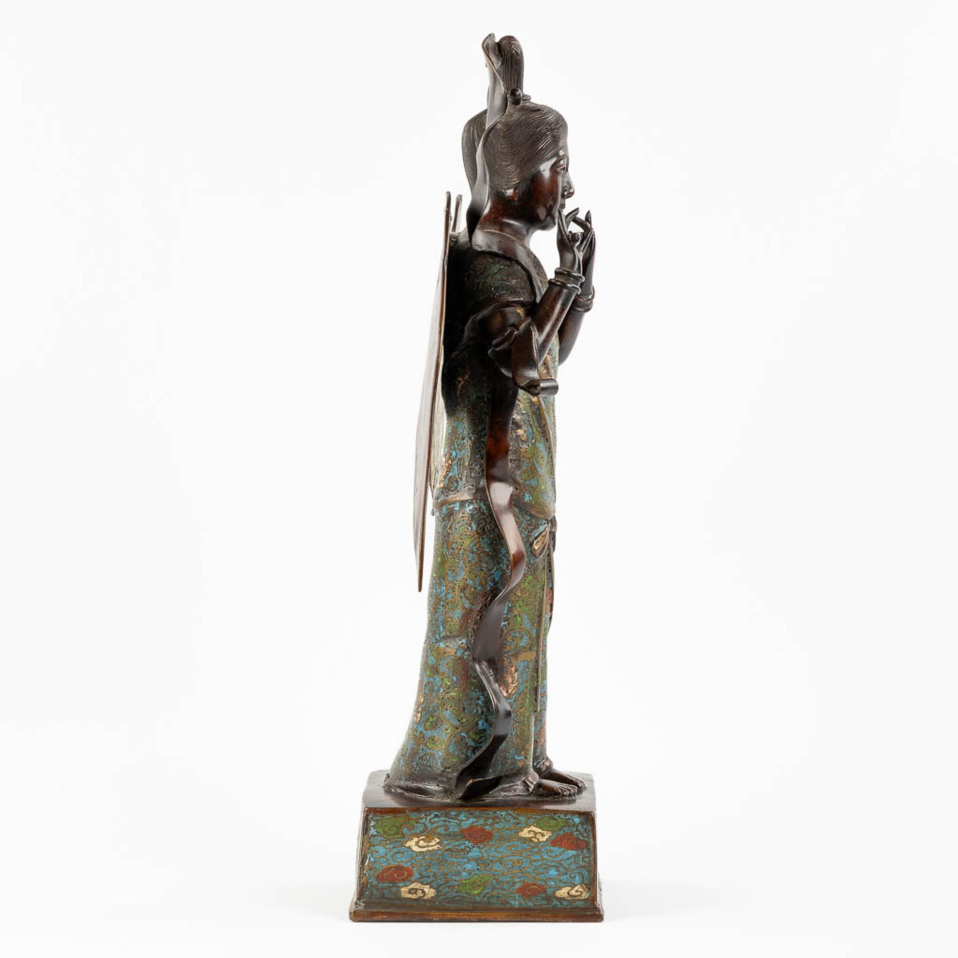 An Oriental figurine of an Angel with a flute, Champslevé bronze. (L:15 x W:35 x H:53 cm) - Image 4 of 14
