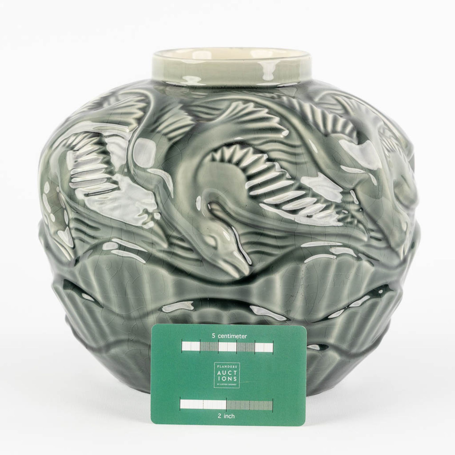 Charles CATTEAU (1880-1966) 'Vase Aux Mouettes' glazed faience. (H:20 x D:22 cm) - Image 2 of 9
