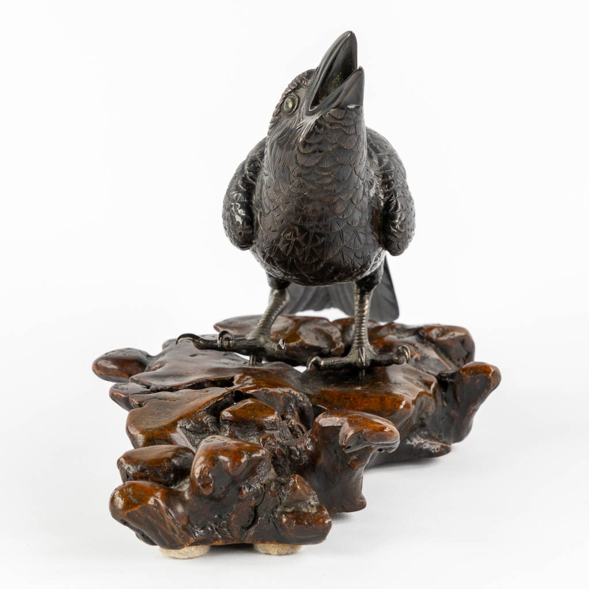 A Raven, patinated bronze mounted on a wood base. Probably Japan. (L:17 x W:30 x H:17 cm) - Image 6 of 10
