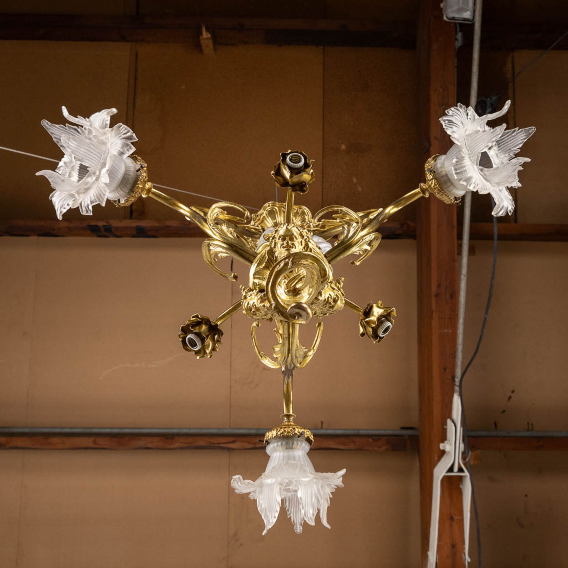 A chandelier, bronze with glass shades and a flambeau, decorated with Satyr figurines. (H:88 x D:54 - Image 13 of 13