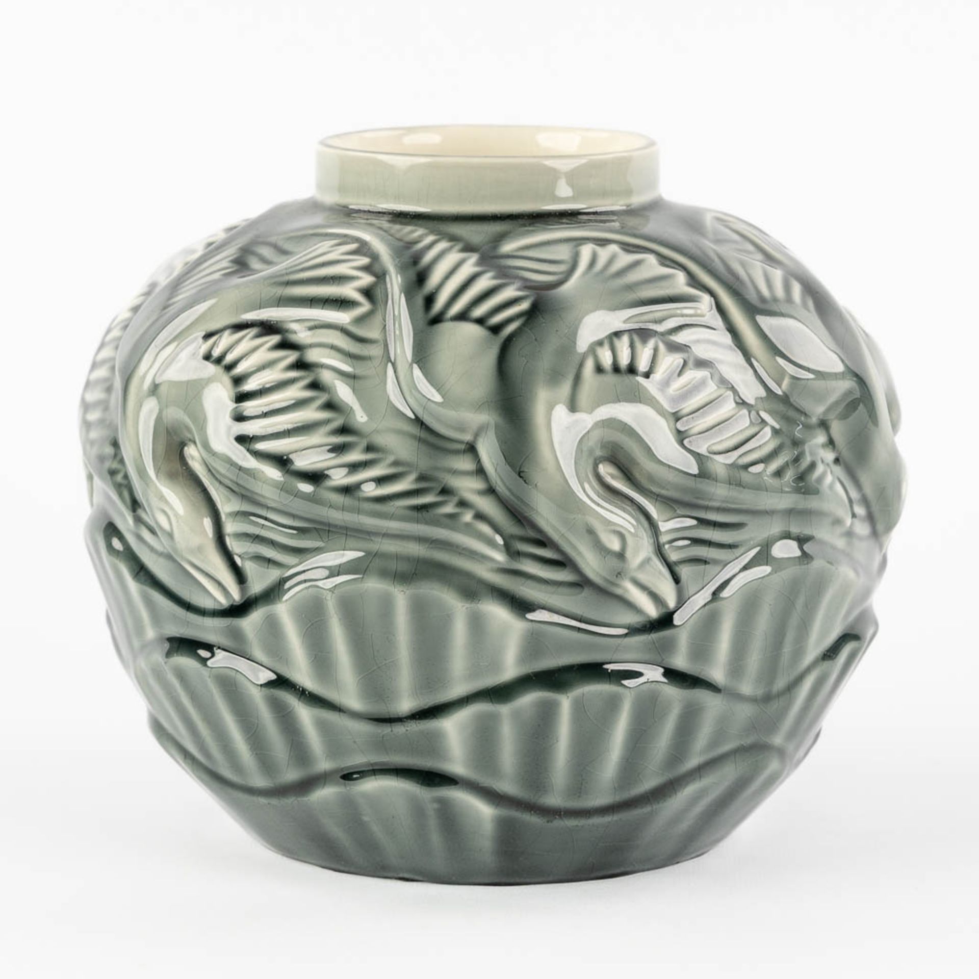 Charles CATTEAU (1880-1966) 'Vase Aux Mouettes' glazed faience. (H:20 x D:22 cm) - Image 5 of 9