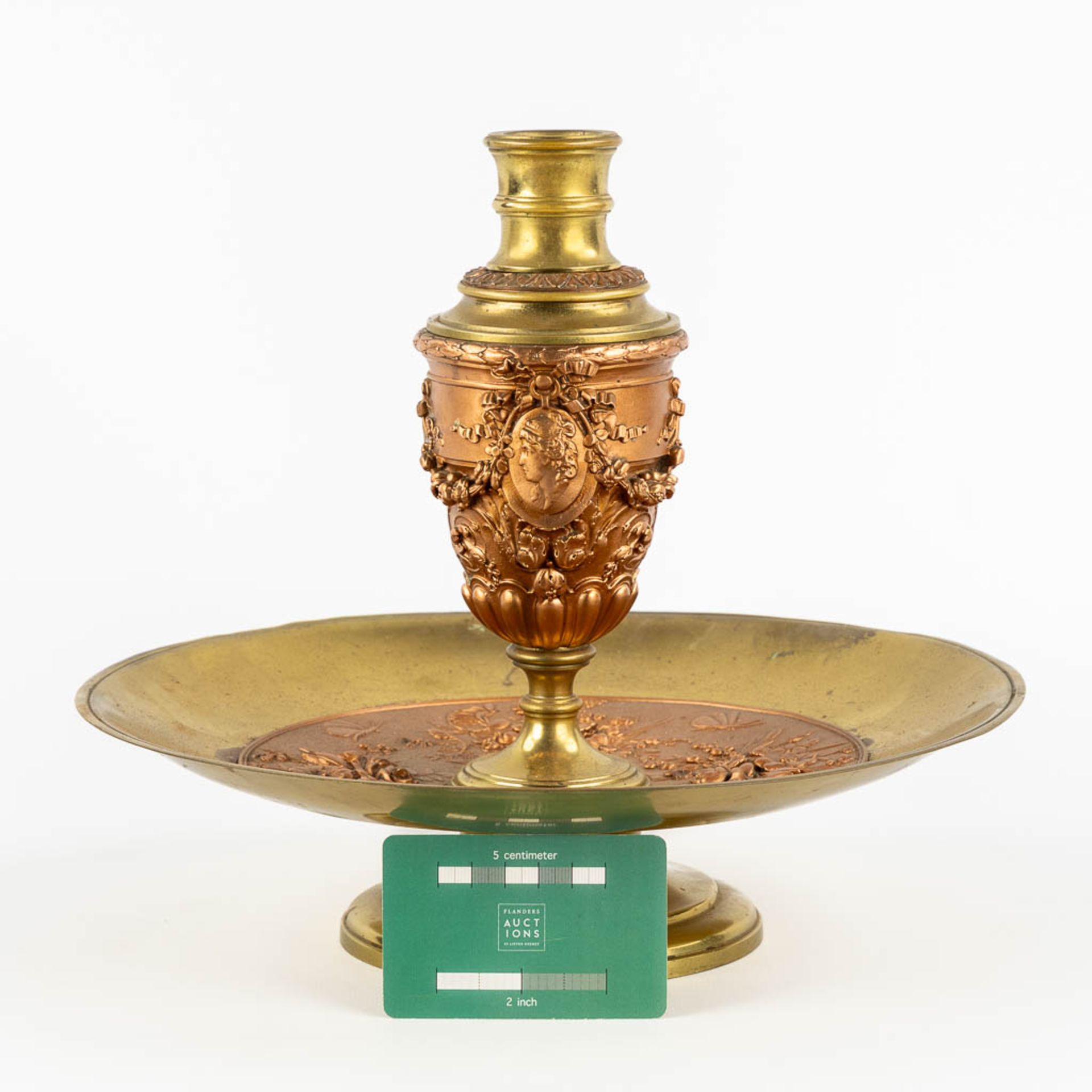 A table centrepiece, brass and copper patinated spelter, decorated with fauna and flora. 19th C. (H: - Image 2 of 12