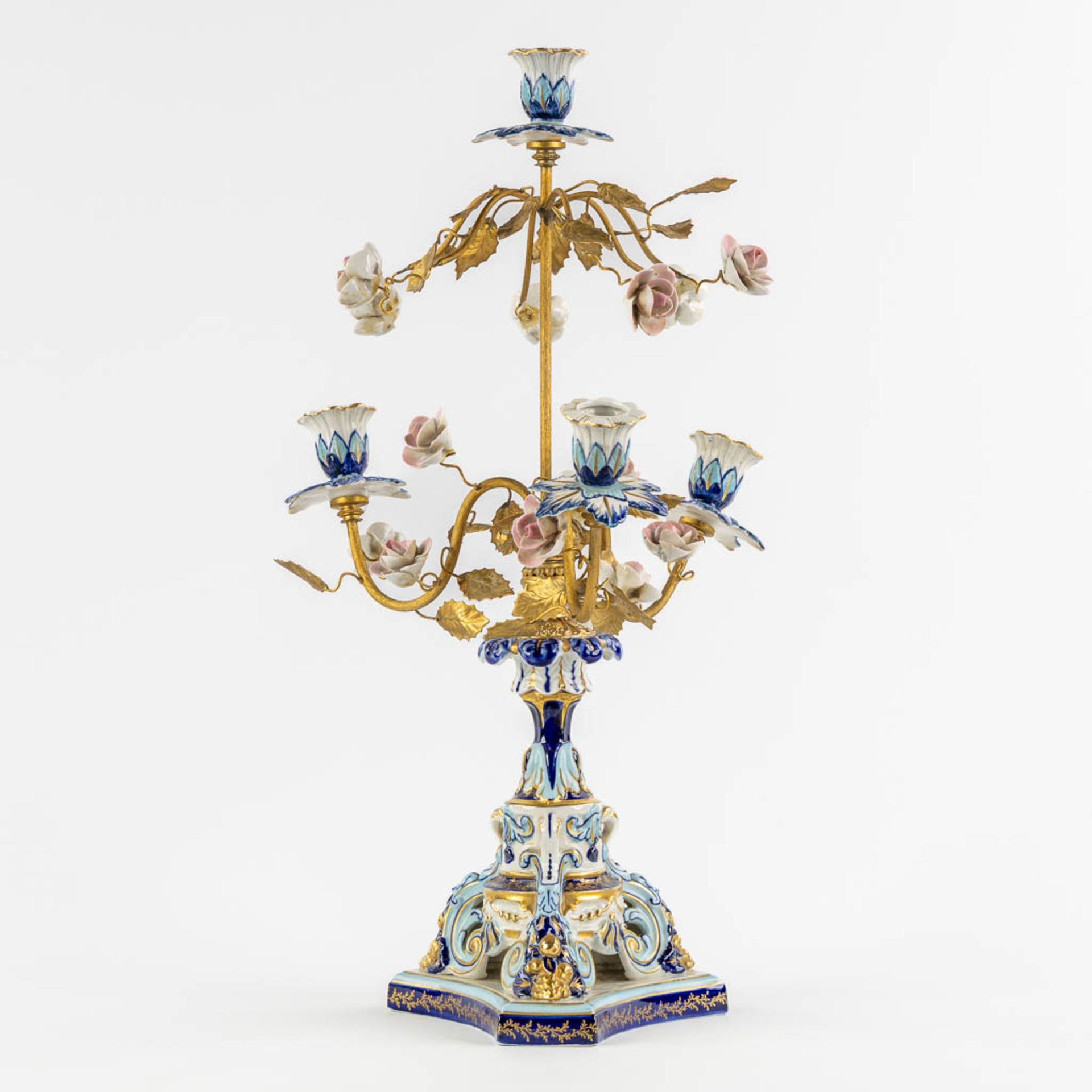 A candelabra, gilt brass and polychrome porcelain with flowers. Sèvres marks. (H:51 x D:24 cm) - Image 3 of 10