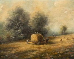 Loading the hay. A painting, oil on canvas. 19th C. (W:52 x H:41 cm)