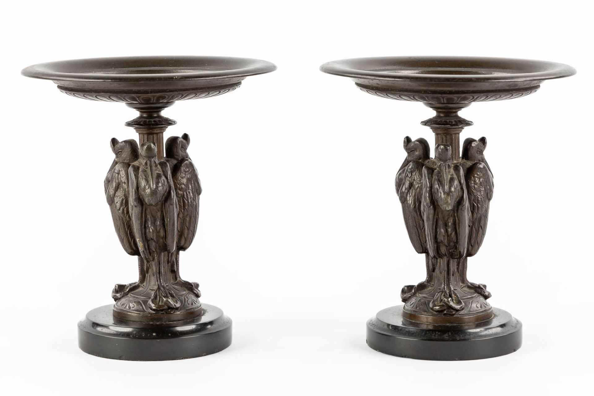 A pair of antique tazza, decorated with African Marabou holding a snake. Patinated spelter. (H:17 x - Image 3 of 10