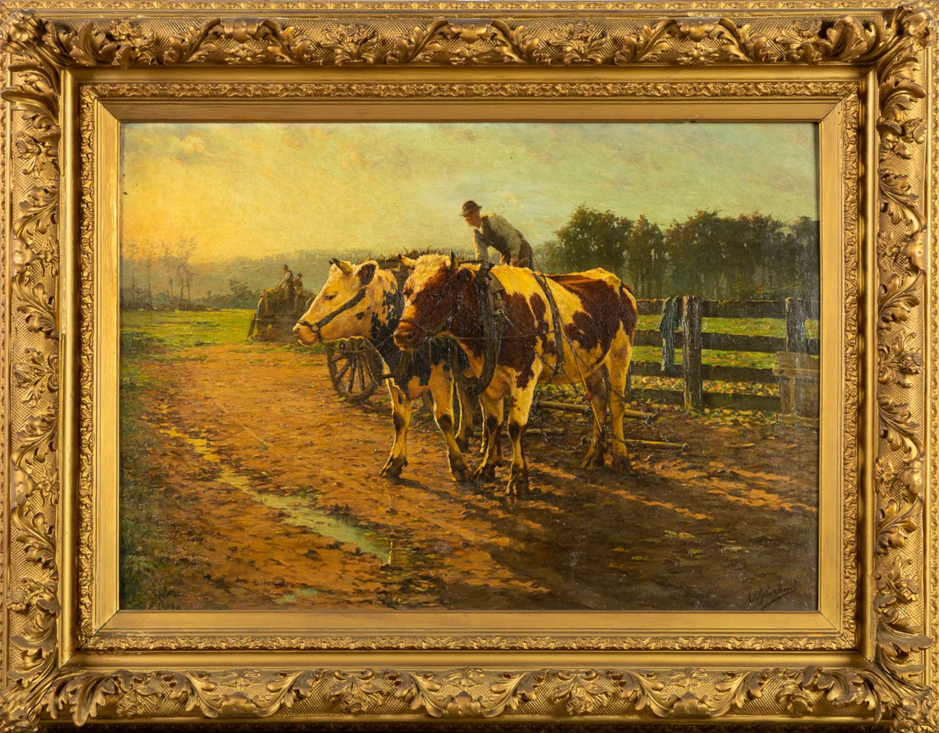 Adolphe JACOBS (1859-1940) 'Cattle hauling a cart' oil on canvas. (W:92 x H:71 cm) - Image 3 of 9