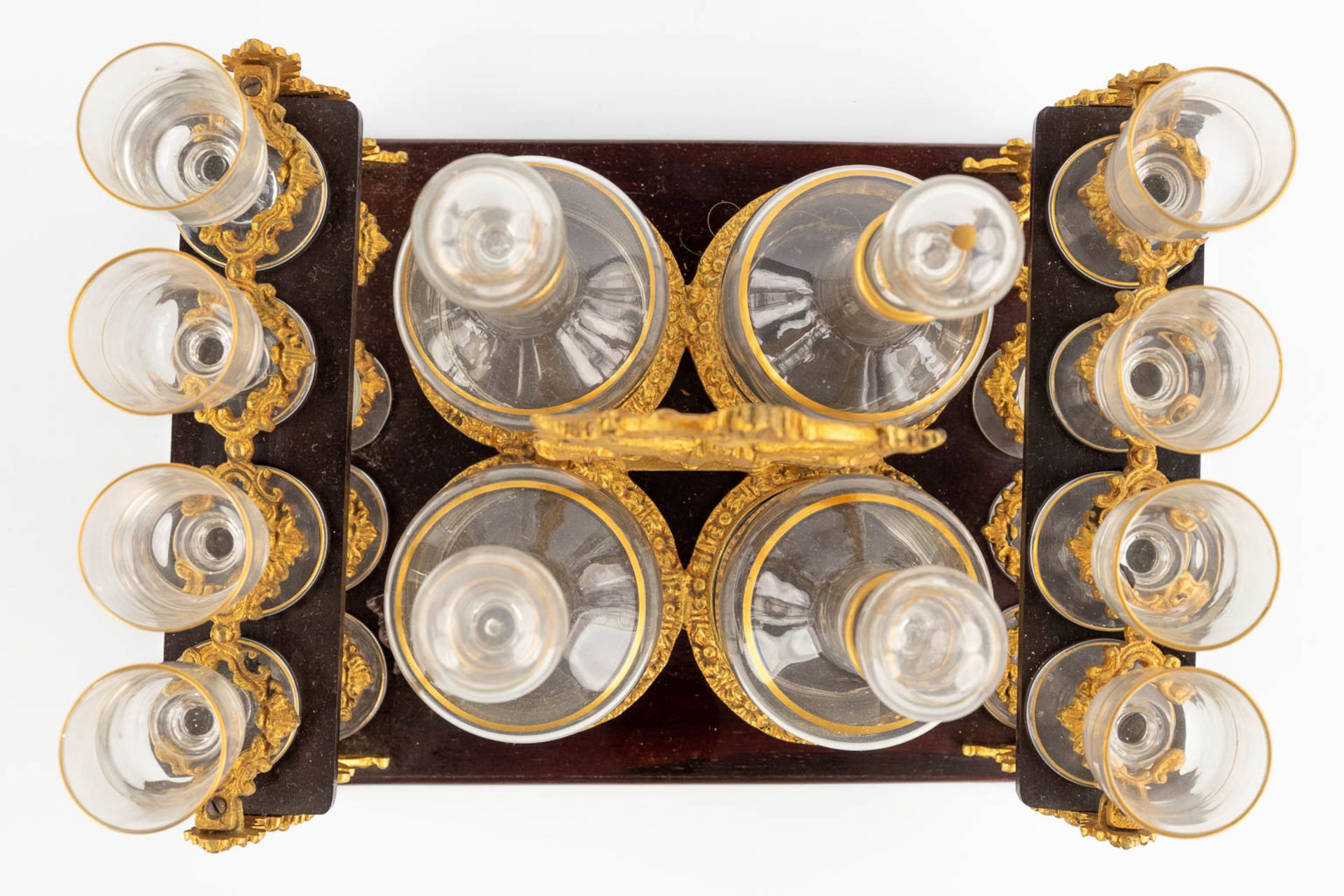 An antique Cave-à-liqueur, liquor box, ebonised wood inlaid with mother of pearl and copper. 19th C. - Image 12 of 16