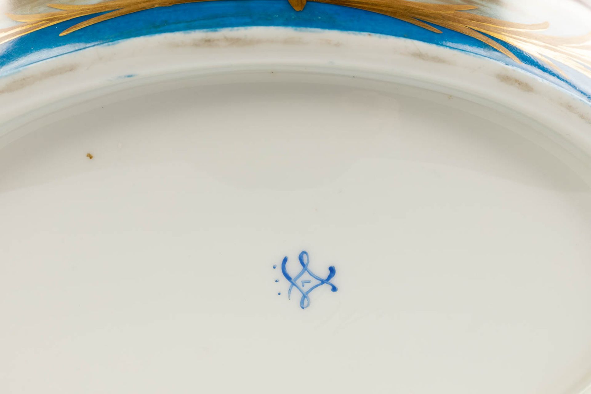 A large bowl, blue glaze with hand-painted decor, probably Limoges. (L:24 x W:39 x H:14 cm) - Image 9 of 12