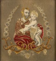 An antique embroidery of Joseph with a child. 19th C. (W:54 x H:56 cm)