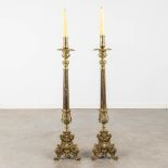 A pair of bronze church candlesticks/candle holders, Louis XV style. Circa 1900. (W:23 x H:105 cm)